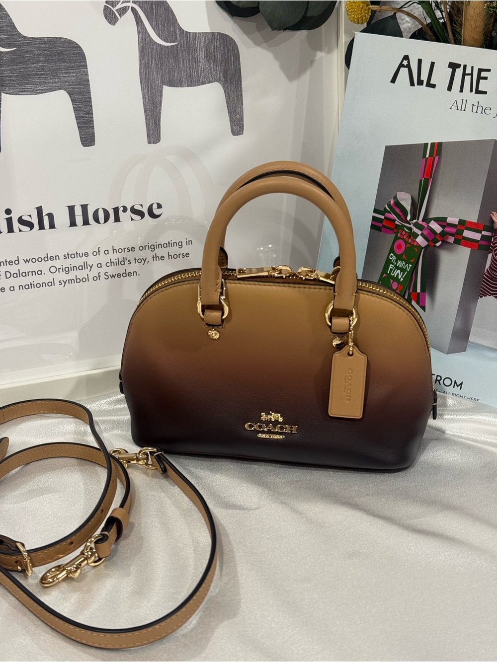 Coach Lara Mini Satchel Bag Gold/Latte Digitally printed & Smooth leather